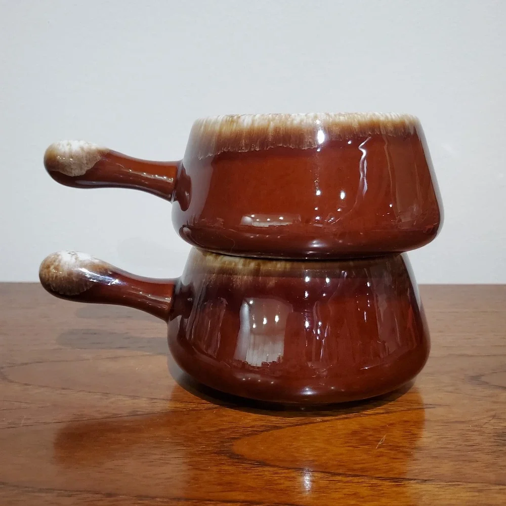 2 McCoy 7054 brown drip handled Onion/Chili/Soup Bowls‎ -Glaze Drip Pottery